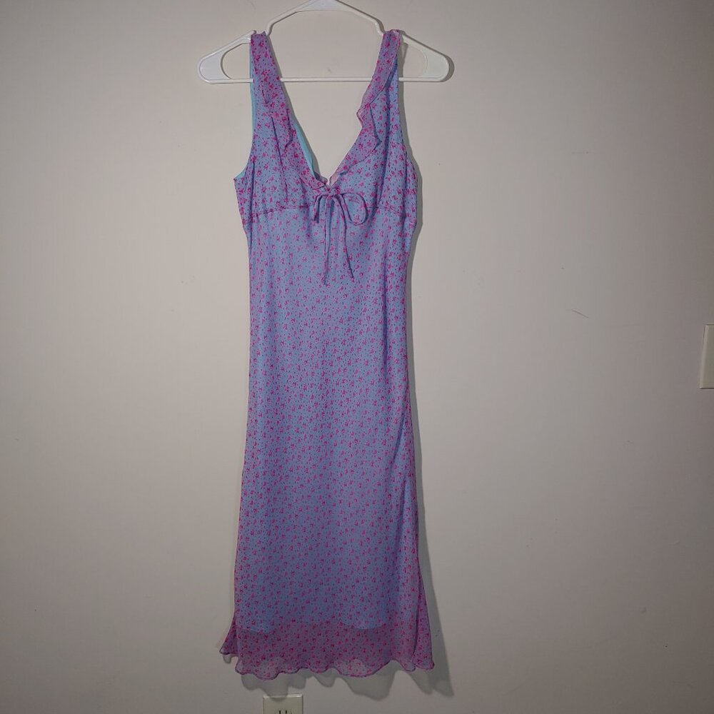 Alice & Trixie 100% Silk Floral Ruffle V-Neck Tie up Front Midi Dress Sz L Blue